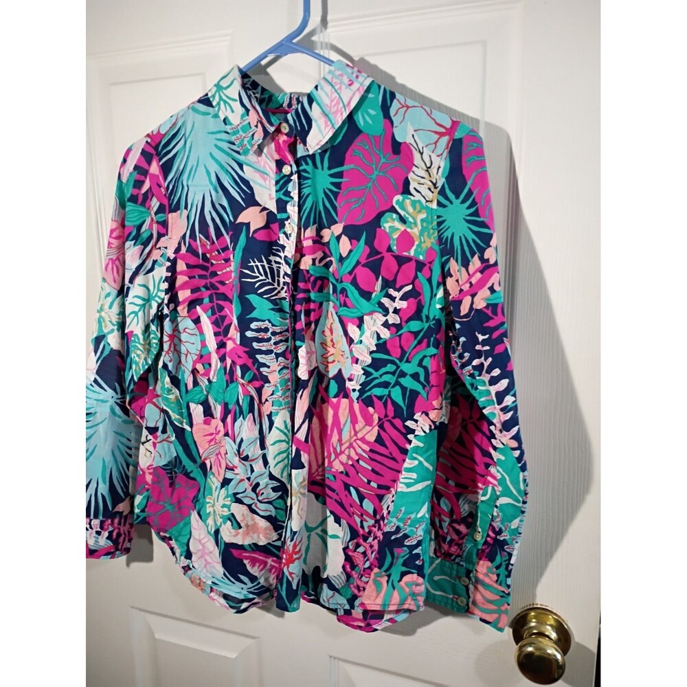 Talbots Woman MP Collared Button Shirt Vibrant Hawaiian Vibe Leaf lightweight